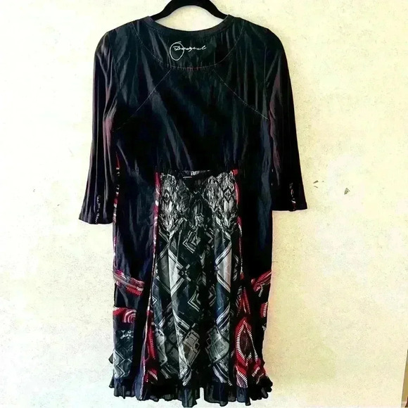 DESIGUAL EURO 36 WOMENS BLACK UNIQUE COLOR PATTERN ARTSY‎ BOHO COTTON DRESS - Picture 15 of 16